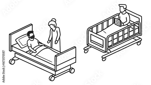 Isometric Hospital Scenes: Patient Care, Recovery, and Remote Work with Laptop
