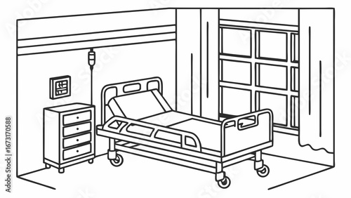 Empty Hospital Room Line Art Illustration with Medical Bed, IV Drip, and Window