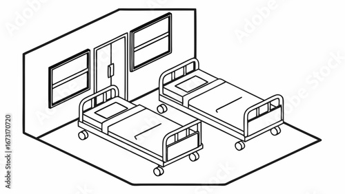 Isometric Line Art of Hospital Room with Two Beds