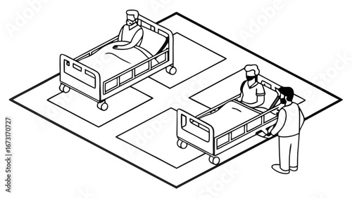 Isometric Hospital Ward: Patients in Beds and Medical Professional Providing Care. Line Art Illustration.