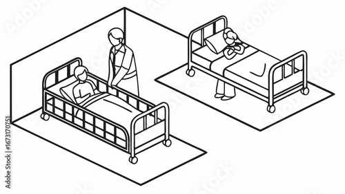 Isometric hospital room illustration with patient, caregiver, and medical beds. Healthcare and recovery concept line art.
