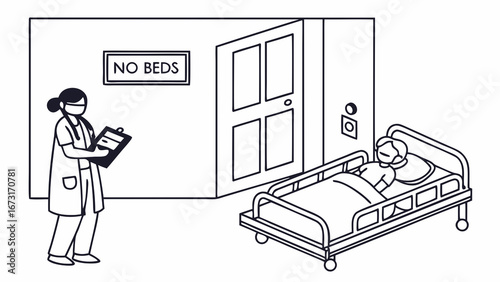 Hospital Overcrowding: Nurse, Patient & 'No Beds' Sign. Healthcare Capacity Strain Illustration