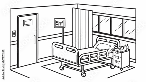 Empty Hospital Room Line Art Illustration with Medical Bed, Monitor, and Privacy Curtain
