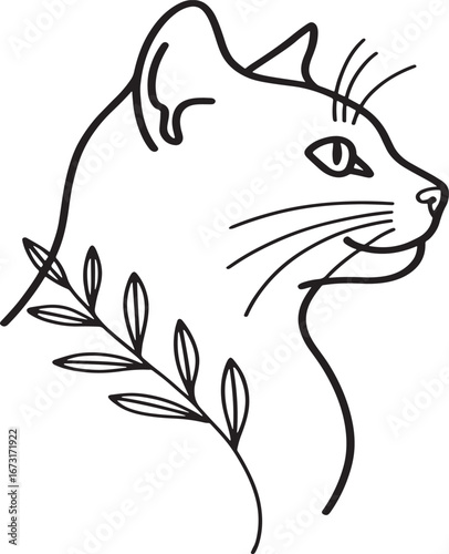 Elegant Feline Portrait with Botanical Accent A Serene Depiction of a Cat Enhanced with Delicate Foliage in a Minimalist Style
