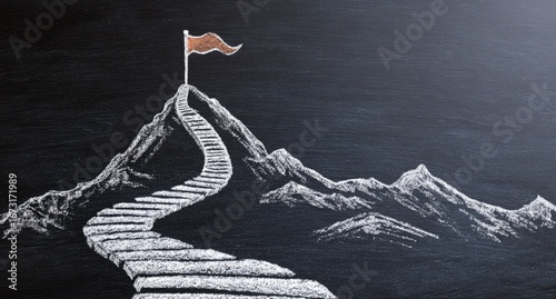 Chalk drawing of winding stairs leading to a mountain peak with a flag