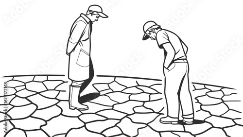 Two men observing dry, cracked earth. Drought, water scarcity, and environmental crisis concept.
