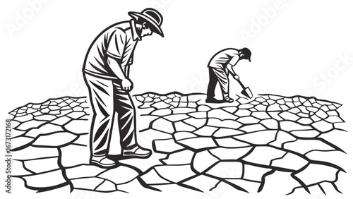 People on Dry Cracked Earth: Drought, Desertification, and Environmental Crisis Illustration