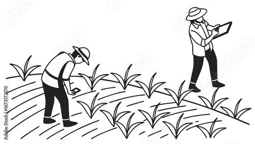 Smart Farming: Agricultural Workers Inspecting Crops with Tablet for Data Collection and Management in a Field