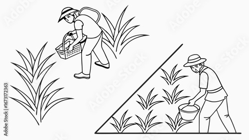 Rural farming: two workers harvesting and tending crops in fields, traditional agriculture line drawing