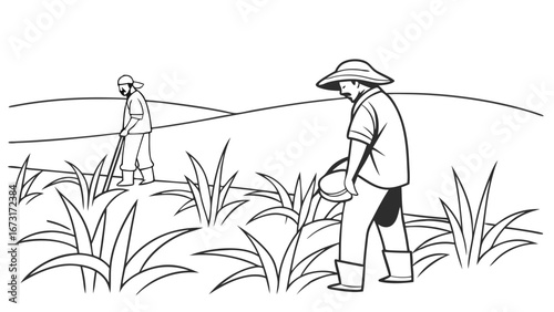Farm Workers Cultivating & Watering Crops in Field. Agricultural Labor Line Art Illustration.