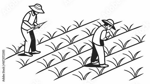 Agricultural workers inspecting crops in a field. Farming, plant care, and research illustration.
