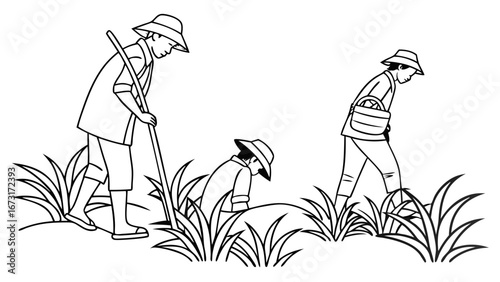 Farm workers cultivating crops in a field, traditional agricultural labor, black and white line art illustration