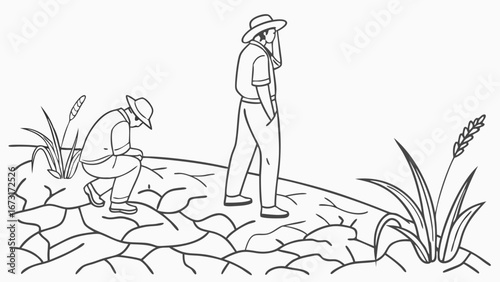 Men in hats observing dry, cracked land. Drought, environmental crisis, climate change, and agricultural hardship. Black and white line art.