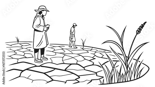 Illustration of people on cracked earth, symbolizing drought, water scarcity, and environmental crisis impact. Black & white line art.