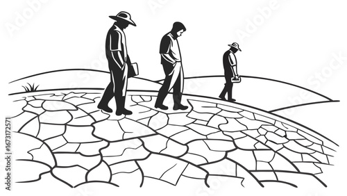 Drought and Famine: Weary Figures Walk on Cracked Earth, Environmental Crisis Illustration
