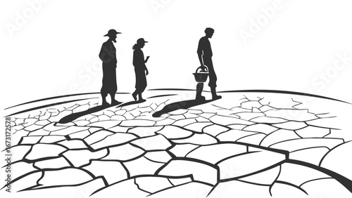 Drought illustration: Silhouettes walk on parched, cracked earth, symbolizing water crisis and environmental impact.