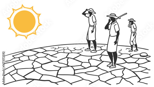 Drought Impact: People on Cracked Earth Under Scorching Sun. Climate Change & Water Scarcity Illustration.