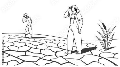 Farmers on parched, cracked earth, symbolizing drought, water scarcity, and agricultural despair. Climate change impact.