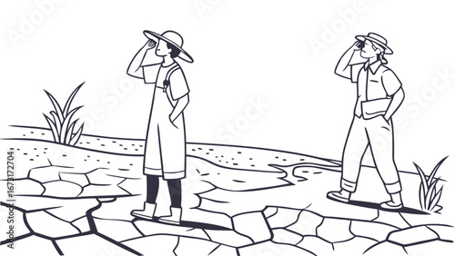 Two individuals on parched, cracked earth, shielding eyes, searching. Drought, climate change, environmental crisis illustration.