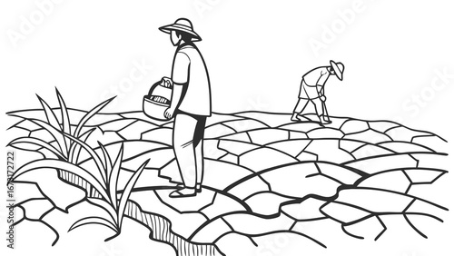 Agricultural workers struggling on parched, cracked earth, symbolizing drought and climate change impact on farming.