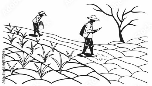 Farmers planting crops and using technology for agricultural monitoring in a field illustration