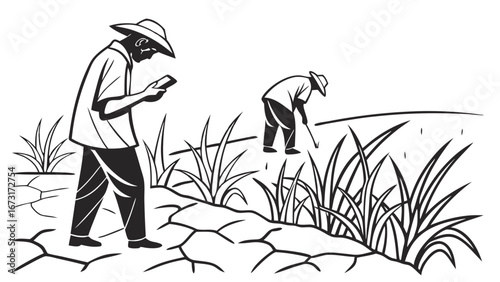 Smart Farming in Arid Conditions: Farmer uses smartphone for crop management in dry, cracked field with another working.
