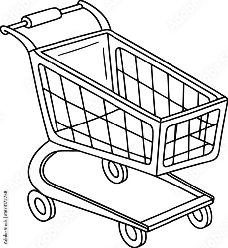"Shopping cart illustration in clean line art style, perfect for e-commerce concepts, retail store designs, supermarket icons, online shopping graphics, and commercial marketing projects."