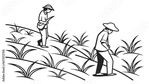 Farmers cultivating crops in a field. Black and white illustration of agricultural labor and traditional farming.