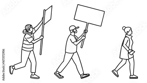 Line art of people protesting with blank signs. Demonstrators marching for social change and advocacy illustration.