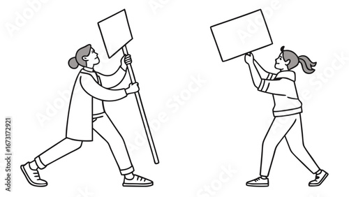 Two women holding blank protest signs. Activism, demonstration, and human rights concept. Vector line art illustration.
