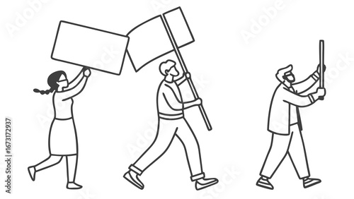 People marching in protest with blank signs and flag. Outline vector illustration of activists demonstrating.