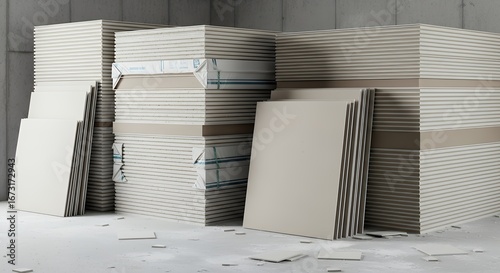 Large stacks of drywall panels or plasterboard sheets in a concrete warehouse, ready for construction and interior finishing projects.
