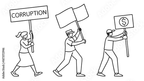 Anti-Corruption Protest: People Marching with Signs and Flags, Line Art Vector Illustration