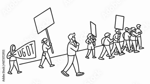 Line art illustration of a group of people marching in protest with blank signs and banners, social activism concept