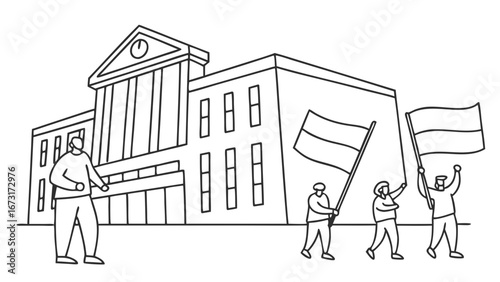 Political protest with flags outside government building, line art illustration
