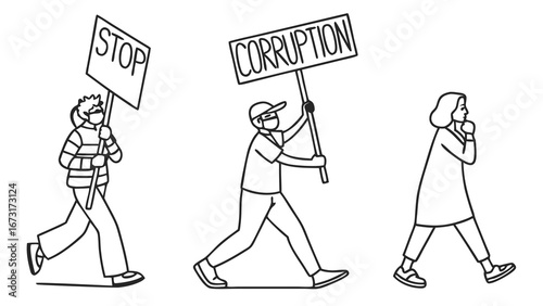 Protesting Corruption: Line Art Illustration of Activists with 'STOP CORRUPTION' Signs Advocating for Social Change and Justice