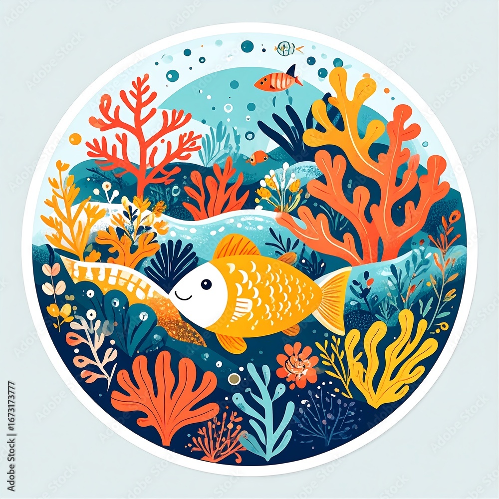 Naklejka premium Whimsical Underwater World Illustration with Happy Fish, Vivid Coral Reef Ecosystem Art for Children's Books and Wall Decor