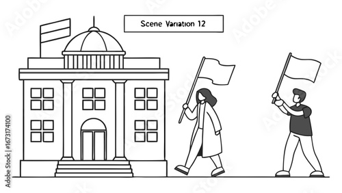 People marching with flags past a government building. Line art illustration of protest, demonstration, or political action.