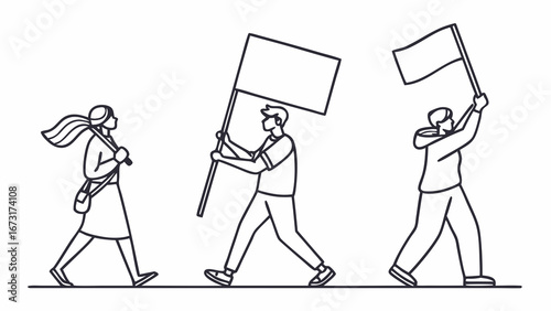 Protestors marching with blank flags. Line art illustration of demonstration or parade.