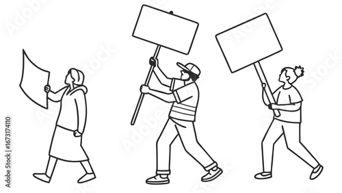 Group of people marching with blank protest signs. Line art vector illustration of activists holding empty placards for demonstration.