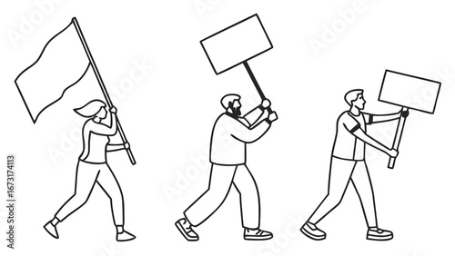 Protesters Marching with Blank Signs and Flag Line Art Illustration