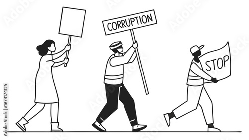Anti-Corruption Protest. Group of Activists Marching with 'Corruption' and 'Stop' Signs. Social Justice Demonstration.