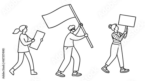People protesting with blank signs and flag. Social activism and demonstration line art illustration.
