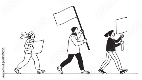People marching with blank signs and flag. Line art illustration of protest, demonstration, and activism for social issues.