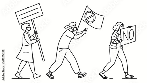 Activists Marching in Protest with Signs and Face Masks Line Art Illustration, Social Justice Demonstration