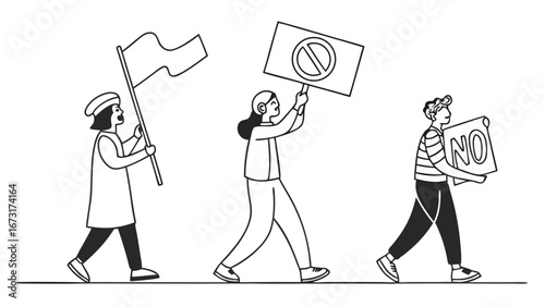 People Protesting with Signs and Flag. Social Activism and Demonstration Illustration.