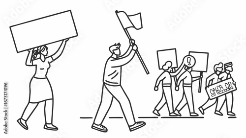 Protest March with Signs and Flag Line Art Illustration