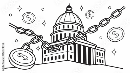 Government Building Chained by Money: Financial Influence, Political Corruption & Power Control Illustration