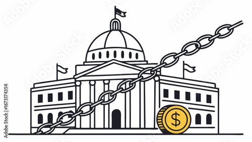 Government Building Chained to Dollar Coin: Political Finance, Economic Influence, and Policy Concept Illustration