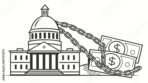 Government building chained to dollar bills, symbolizing financial influence, lobbying, and political corruption